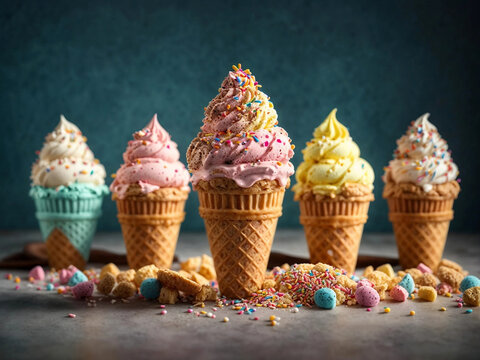 Close-Up of sweet ice cream cone whit various colors background Ai generated