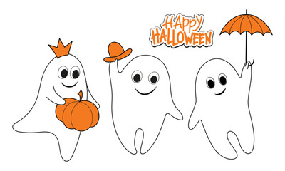 Happy Halloween. A set of cute ghosts. 3 hand-drawn characters for the design of postcards, invitations to the Halloween holiday. Cartoon doodles.