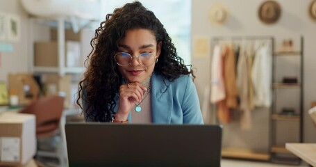 Fashion, laptop or happy woman typing for online shop, e commerce or clothing store sales delivery. Computer, smile or entrepreneur in small business thinking of planning schedule, stock or logistics - Powered by Adobe