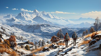 A couple Hiker with backpacks walking in a mountain with snow capped - obrazy, fototapety, plakaty