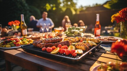 A table full of food and drinks with people in the background