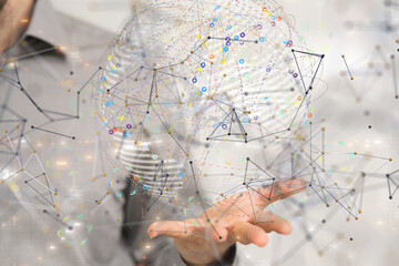 abstract lines with dots over dark background.  - neural network exposure digital