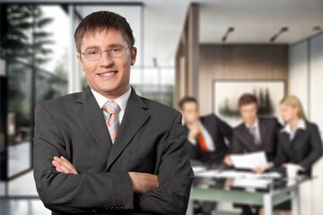 Fototapeta premium Portrait of business man at work in modern office, AI generated image