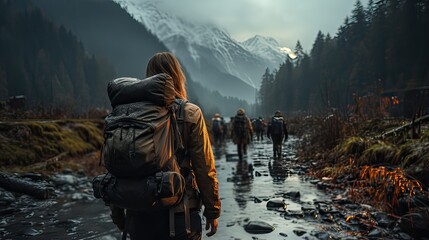 Hikers with backpacks walking in a mountain stream with snow capped mountains in the background - obrazy, fototapety, plakaty