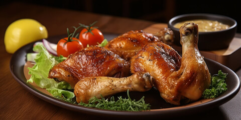 Fototapeta premium Roasted chicken thighs with vegetable garnish. Generative AI.