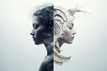 The image of a split personality. Fight with your inner world. Yin and Yang. Black and white