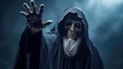 Fototapeta na wymiar Halloween concept. Scary dark man in death costume with skull on dark background