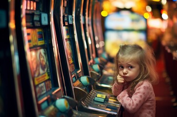 Upset child playing on out of focus slot machines