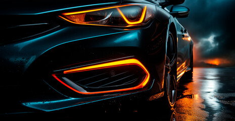 Modern sports car, headlights on at night - AI generated image - obrazy, fototapety, plakaty