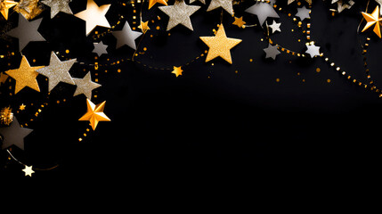 Festive background with golden stars and serpentine on black background.