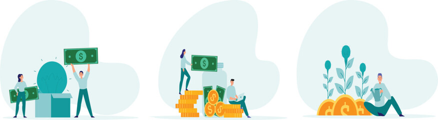 Financial illustration set.Characters enjoying financial freedom and independence Successfully and free of debts.