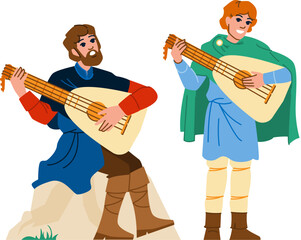 medieval trubadour playing lute vector. musician bard, minstrel instrument, performance performer medieval trubadour playing lute character. people flat cartoon illustration