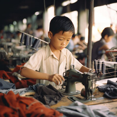 Vietnamese boy, 7, sewing clothes in factory