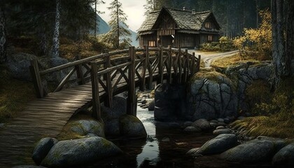 wooden bridge in the forest over the river architecture design illustration	