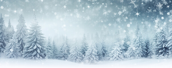 Banner winter seasonal ,snow falling down to pine tree and ground, nature background with copy space