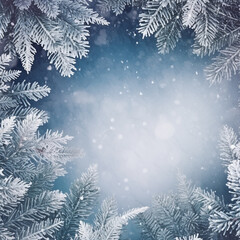 square frame winter seasonal ,snow falling down to pine tree and ground, nature background with copy space