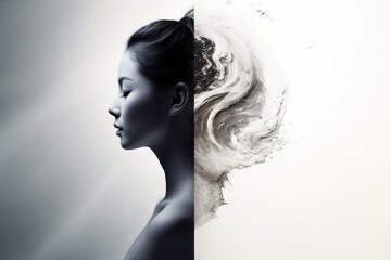 The image of a split personality. Fight with your inner world. Yin and Yang. Black and white
