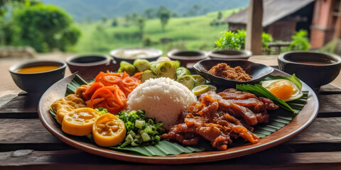 Traditional Vietnamese food, on a table overlooking the rural landscape. Generative AI.