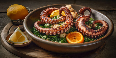Traditional Spanish cuisine. Galician-style octopus. Generative AI.