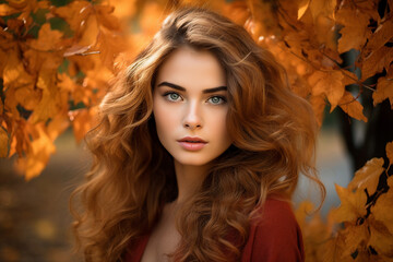 Fototapeta premium Generative Ai illustration of stunning woman surrounded by dry foliage autumn decorations background