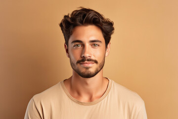 Fototapeta premium Generative AI portrait of a very handsome brown hair man isolated on beige background