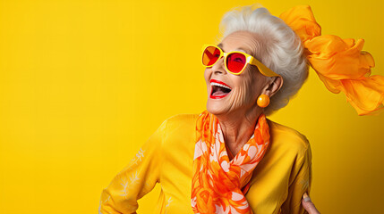 mature older woman wearing sunglasses and a yellow shirt