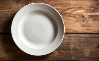 Empty plate on an old wooden table. Generative AI.