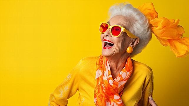 Mature Older Woman Wearing Sunglasses And A Yellow Shirt