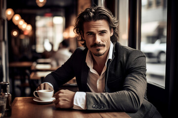 Handsome bearded man sitting table in trendy cafeteria cafe drinking hot fresh coffee Generative AI technology