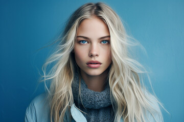 Fototapeta premium Generative Ai portrait of young woman natural beauty wear winter season clothes isolated on blue color background
