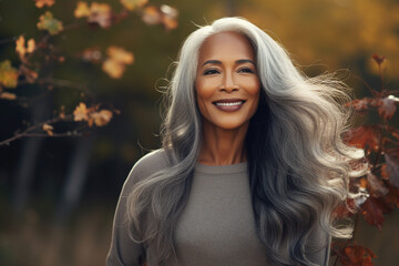 Obraz premium Generative AI technology picture of gorgeous grey haired woman walking autumn park