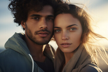 Fototapeta premium Young couple portrait two lovers spending time sunny country travelers Generative AI