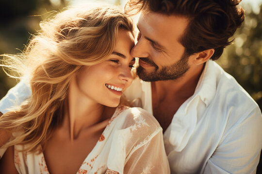 Young couple portrait two lovers spending time sunny country travelers Generative AI