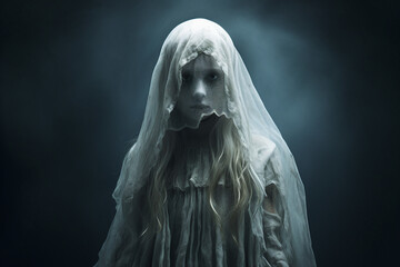 Generative AI picture of scary personage dead person creepy ghost isolated on dark background