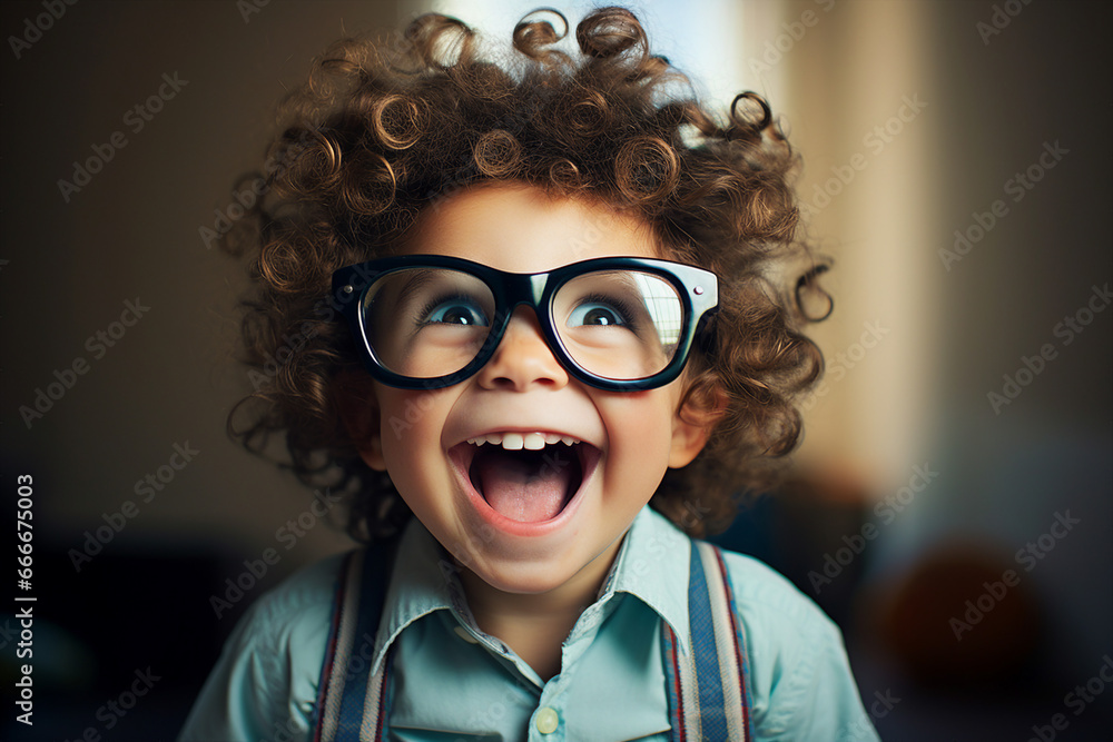 Wall mural Picture of nice cheerful crazy kid wear eyeglasses have fun good mood generative AI concept