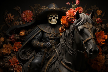 Fototapeta premium Portrait of human skull and flowers fantasy halloween santa muerto on a black background with embroidered pattern generative AI