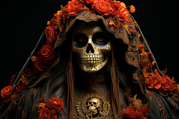 Generative AI picture day of the dead skull santa muerto pattern on a black background