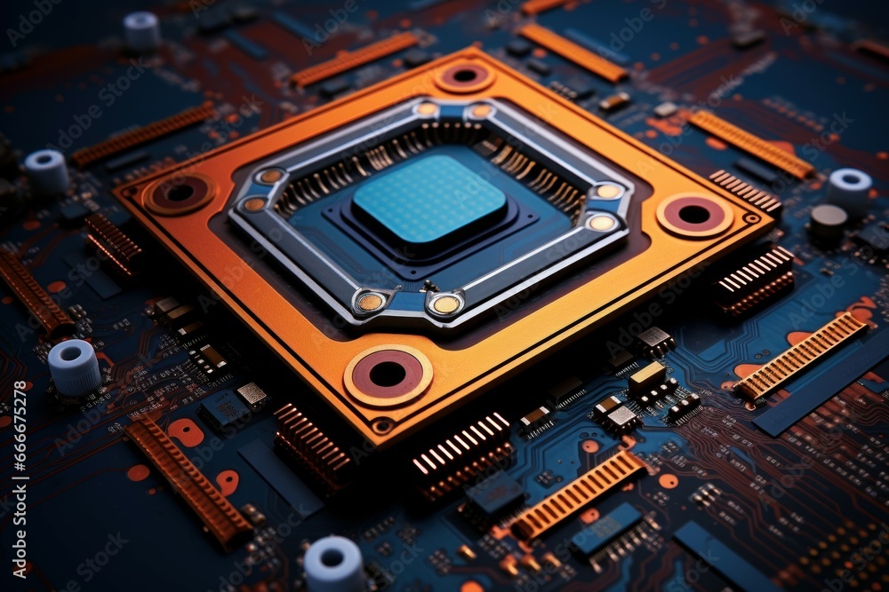 Poster high-tech digitalization processor. science chip future. generate ai