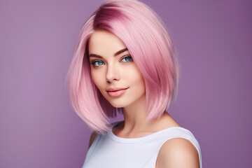 Generative ai picture of beautiful fashion model woman demonstrating perfect haircut pink stylish hair after salon