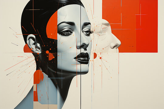 Trendy abstract illustration of woman in vintage minimalistic geometry elements Generative AI picture