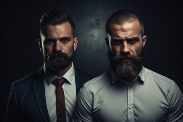 Obraz premium Generative AI portrait picture of two guys best friends brothers relatives smiling
