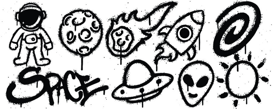 Set Space graffiti spray paint. Collection of astronaut, planets, rocket, UFO, aliens, sun Isolated Vector