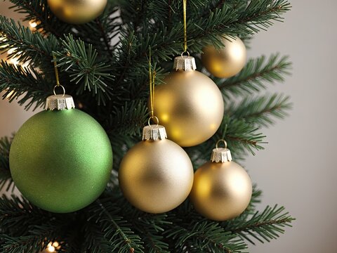  a close up of a christmas tree with gold and green ornaments.  generative ai