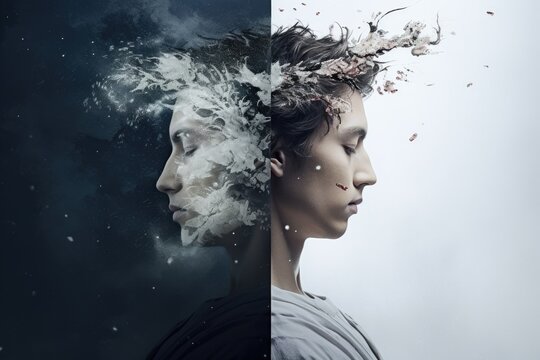 the image of a split personality. fight with your inner world. yin and yang. black and white