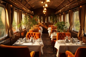 Ambient Dining interior train. Food carriage. Generate Ai