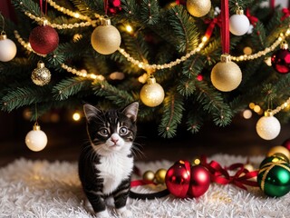  a cat sitting in front of a christmas tree with ornaments.  generative ai