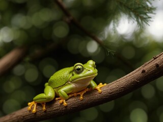  a green frog sitting on top of a tree branch on a branch.  generative ai