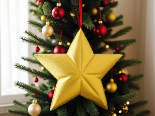  a yellow star hanging from the side of a christmas tree.  generative ai