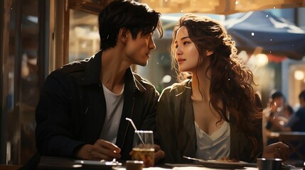 Young korean couple in love sitting in cafe. dorama - obrazy, fototapety, plakaty