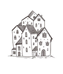 Stylized vintage houses, hand drawn, on white background